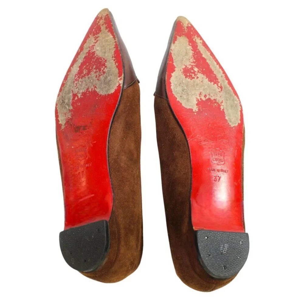 Christian Louboutin Brown Suede Leather Overlay Pointed-Toe Flats Button Detail